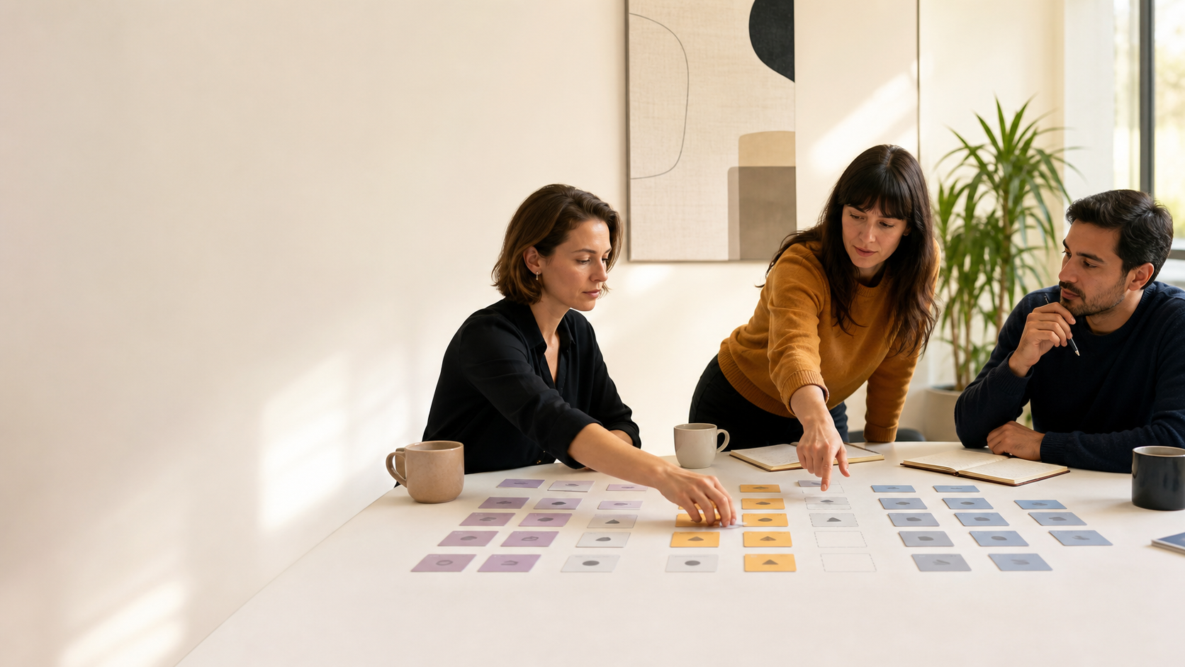Illustrative privacy lead and operations colleague reviewing an abstract evidence map together.